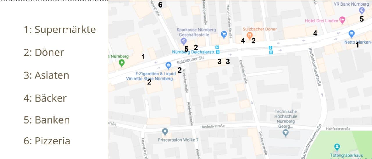 Karte der Essensmöglichkeiten in der Umgebung der Hohfederstraße